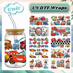 Adesivo per trasferimento UV DTF modello Disney Cartoon Cars Decalcomanie per trasferimenti impermeabili per adesivi avvolgenti per tazze di vetro da 16 once