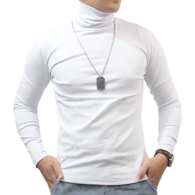 الأساسية قاع تي شيرت عادي موضة الرجال عادية سليم صالح الأساسية الياقة المدورة عالية طوق البلوز الذكور الخريف الربيع رقيقة القمم
