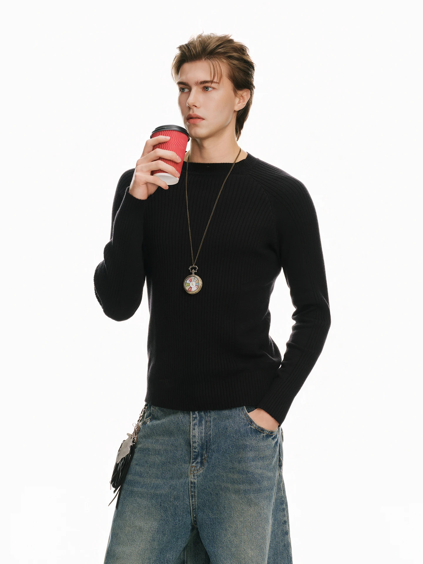 Italian Minimalist Men's Knitted Sweater Inner Wear Slim Fit Winter Base Layer Shirt Commute Style round Neck Warmth