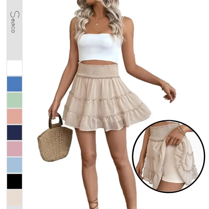 

Women's Pleated Lotus Le Skirt Elastic Waist Island Vaion Sle Polyester Fiber Busin Casual Batwing ape Skirt