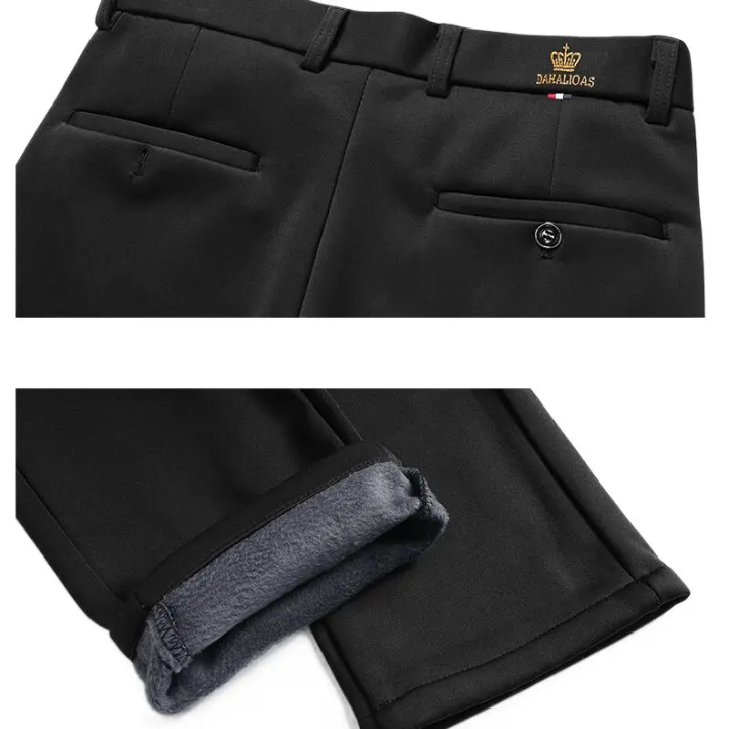 Pantaloni casual da lavoro da uomo Pantaloni foderati in pile Gamba dritta Pantaloni eleganti da ufficio invernali elasticizzati Comfort blu navy
