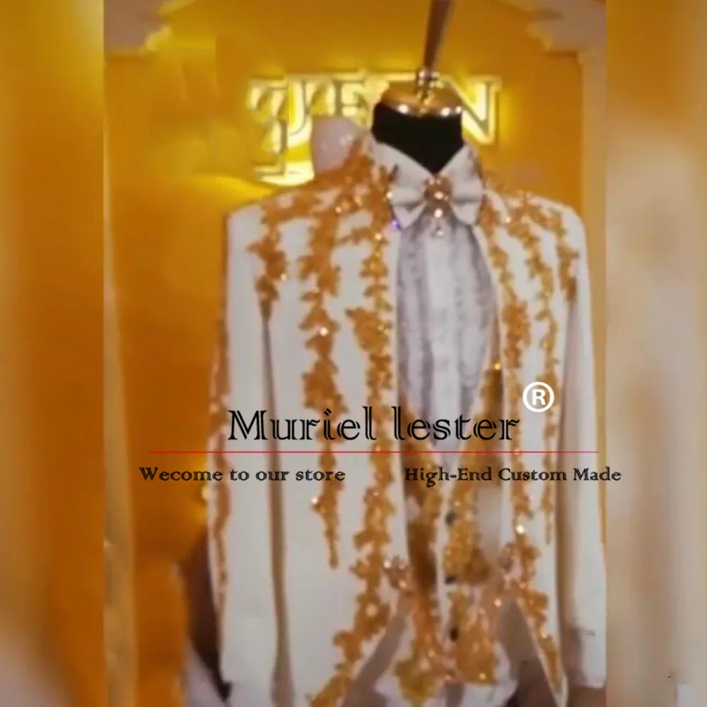 Luxurious White Wedding Tuxeods For Man Sparkly Gold Beaded Appliques Prom Blazer Formal Party Groom Tuxedos 3 Pieces Men\'s Suit