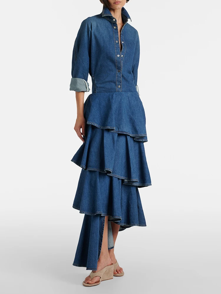 

Women's clothing Y2K autumn and winter asymmetrical denim spiral skirt high waist pure cotton midi dresses 2025 skirts for women