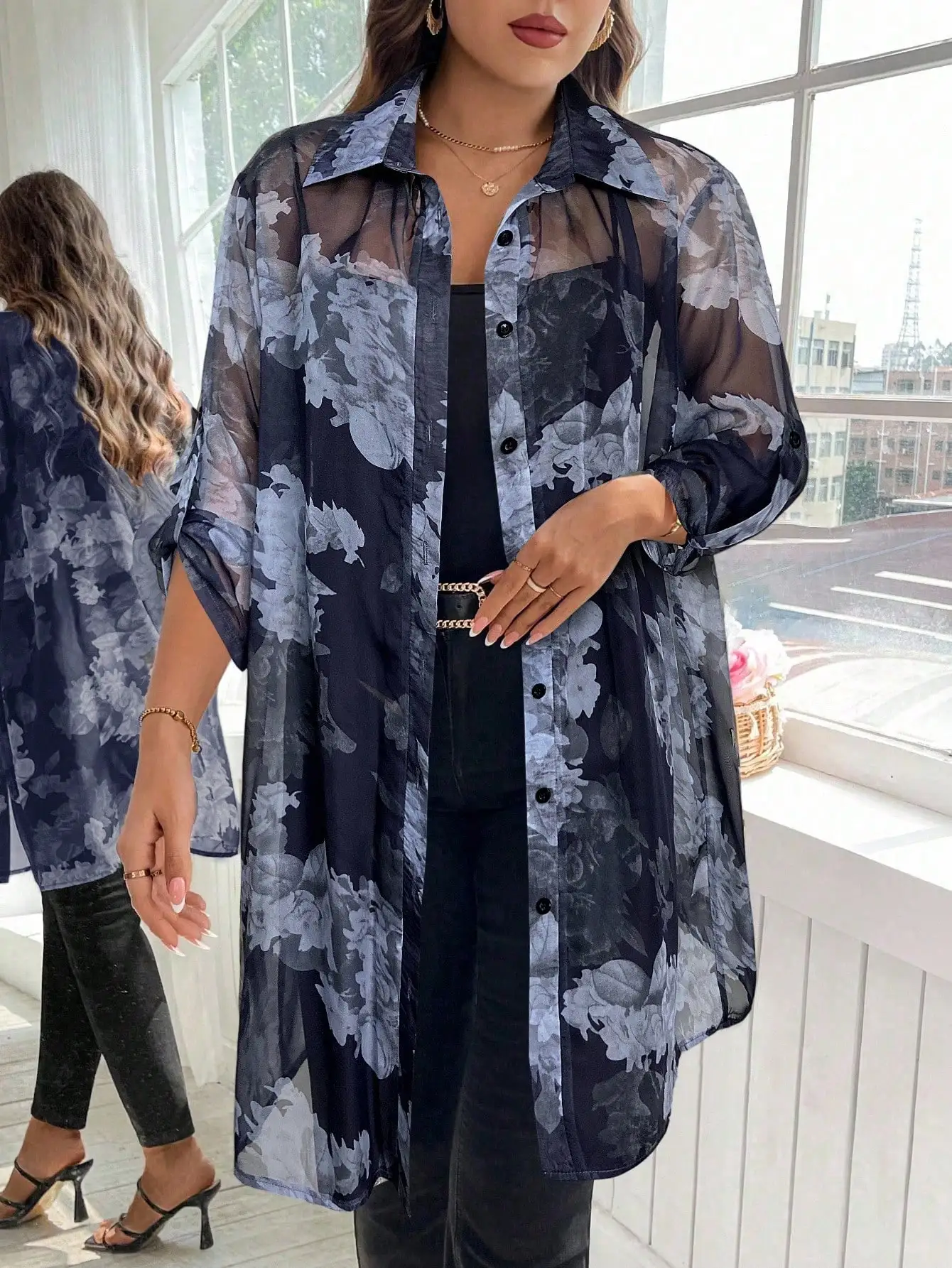 

Sheer Floral Print Long Blouse For Women Loose Fit Button Down Collar