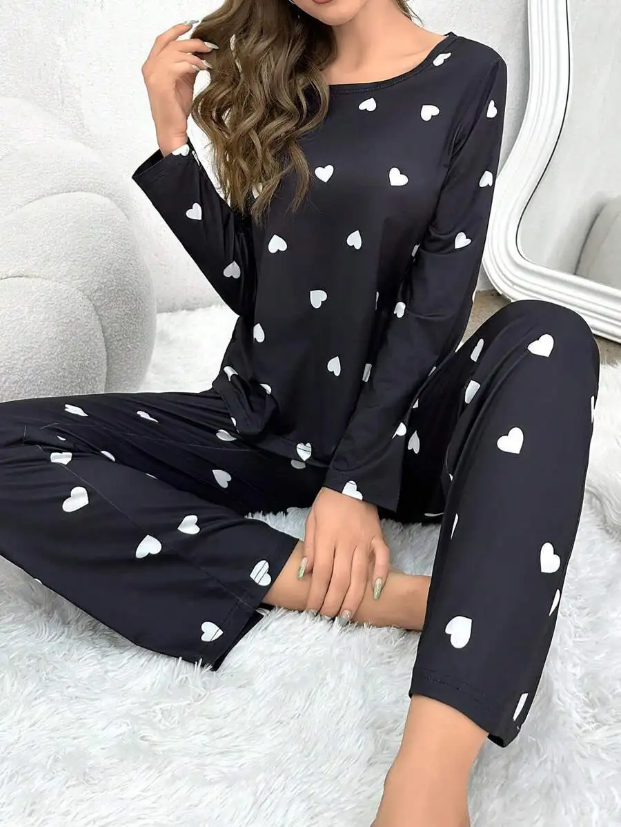 Damen-Pyjama, lässig, Liebesdruck, Rundhalsausschnitt, lange Ärmel, lange Hosen, Herbst und Winter, bequemes Set, Mädchen-Nachtwäsche, Homewear – Detail 2
