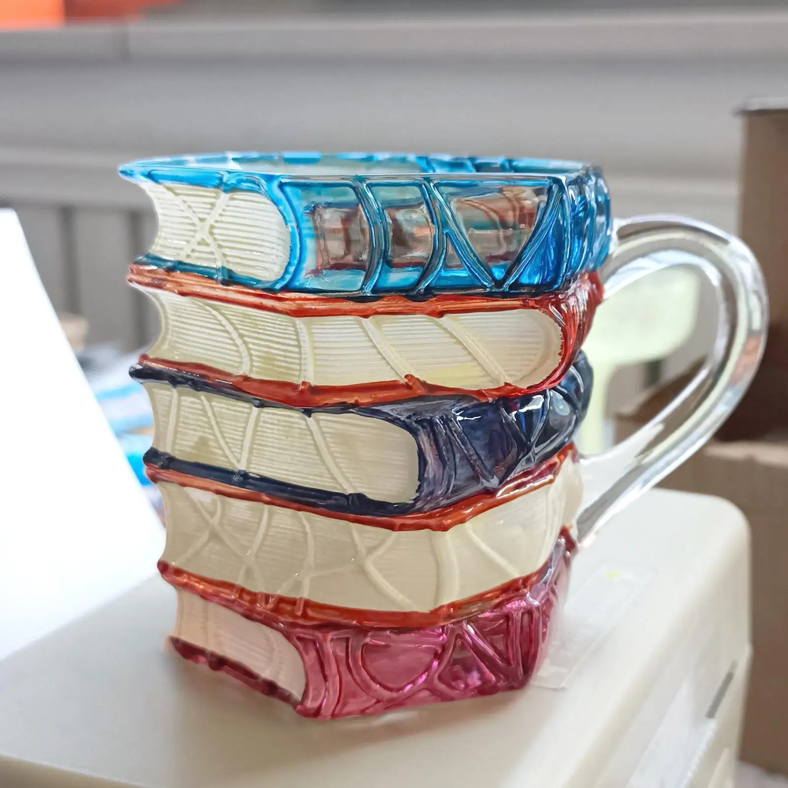 Painted Book Mug 300ml 3D Painted Tea Drinkware Book Stack Coffee Cup for Readers Writers Teachers Students Librarians Birthday
