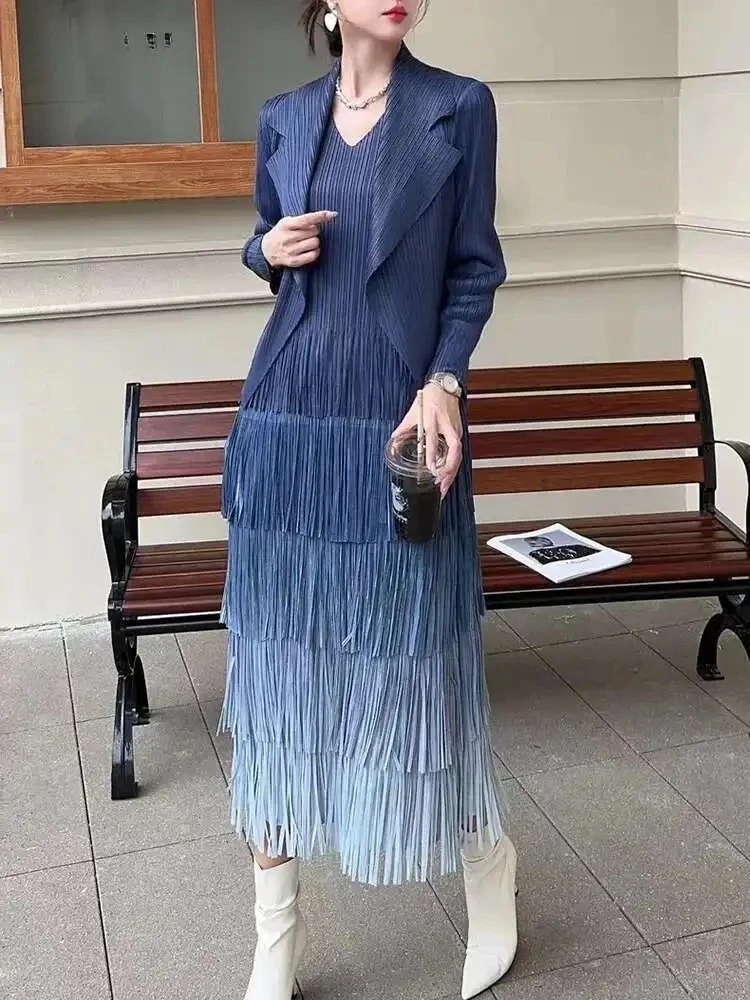 

Pleated Two-piece Solid Colour 2025 Summer New Women's Splicing Tassel Jacket + Dress Office Lady Elegant Medium-length Clothing