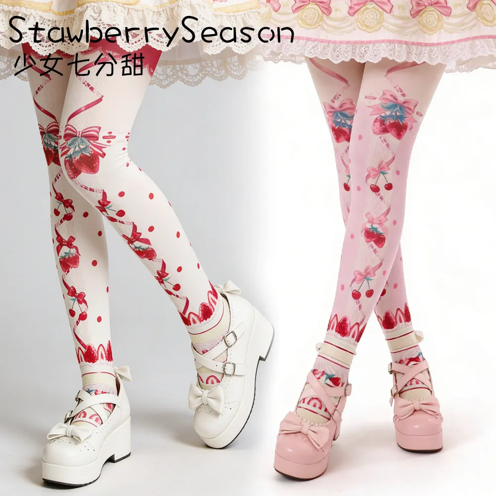 Original StawberrySeason Strawberry Cake Velvet Print Lolita Pantyhose