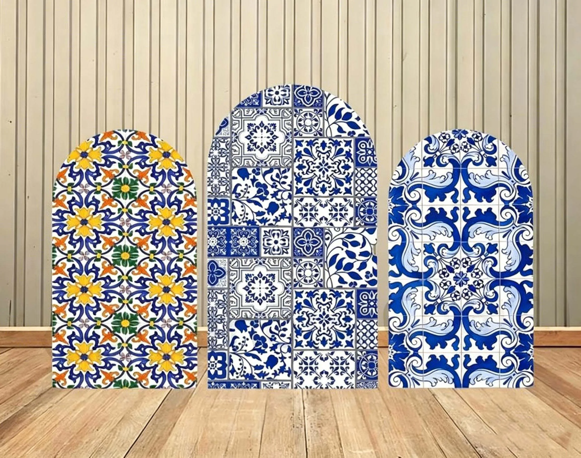 Custom 2-Side Lemon Tiles Birthday Party Arch Background Covers Blue and white Porcelain Baby Shower Photography Background