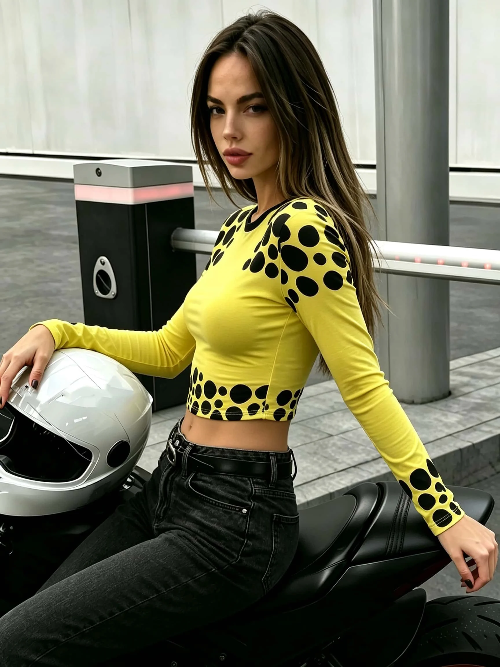 Subcultural Yellow Polka Dot Spicy Girl Long Sleeved T-shirt Women's Motorcycle Slim Fit Round Neck Regular Top Motorcycle Style