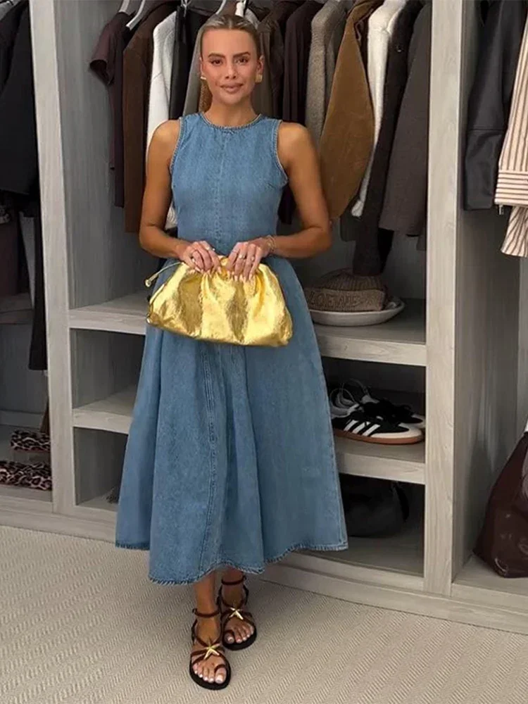 백리스 레이스업 데님 드레스 여성 우아한 O넥 민소매 하이웨이스트 플리츠 A라인 드레스 여성 여름 신상 시크 로브