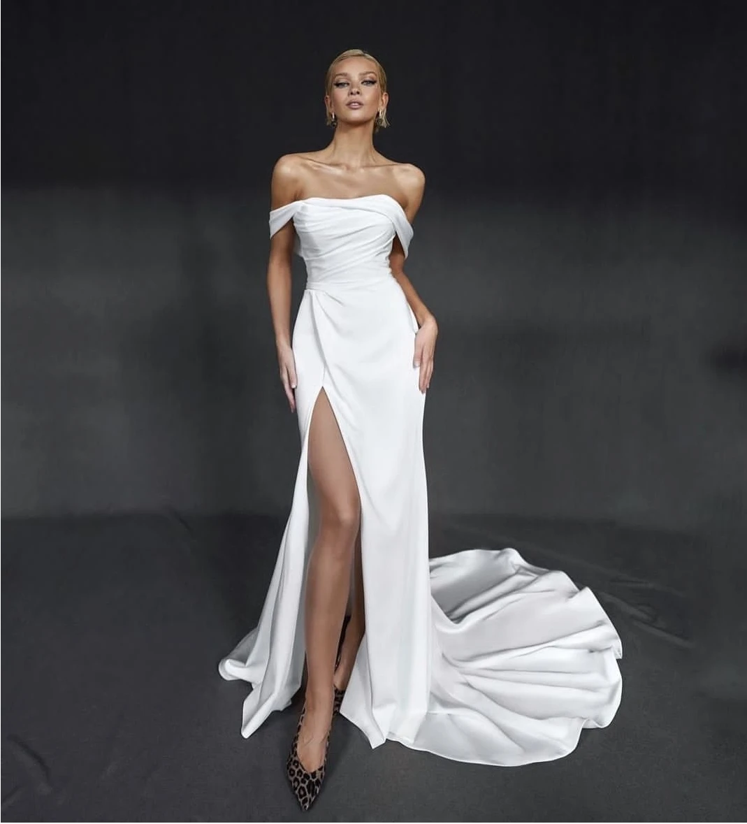 

Mermaid Wedding Dress For Women Elegant Satin Side Slit Off The Shoulder 2023 Sweep Train Customize To Measure Robe De Mariee