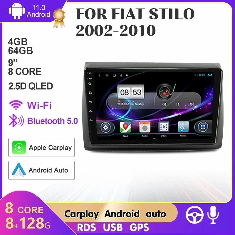 

Android 11 8+128G Car Multimedia Player For Fiat Stilo 2002-2010 Carplay Auto DSP RDS WIFI 4G Autoradio 9'' 2Din Car Radio Stere