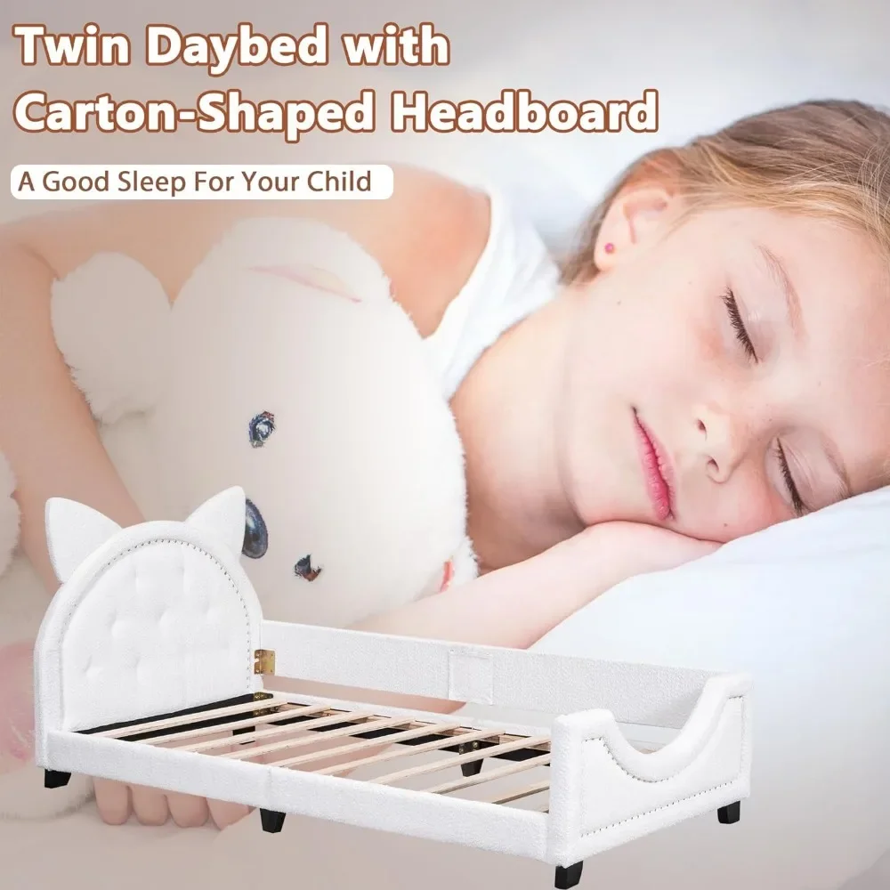 Kids 'Twin Daybed com cabeceira e estribo, veludo, orelhas de coelho cabeceira, tamanho Twin