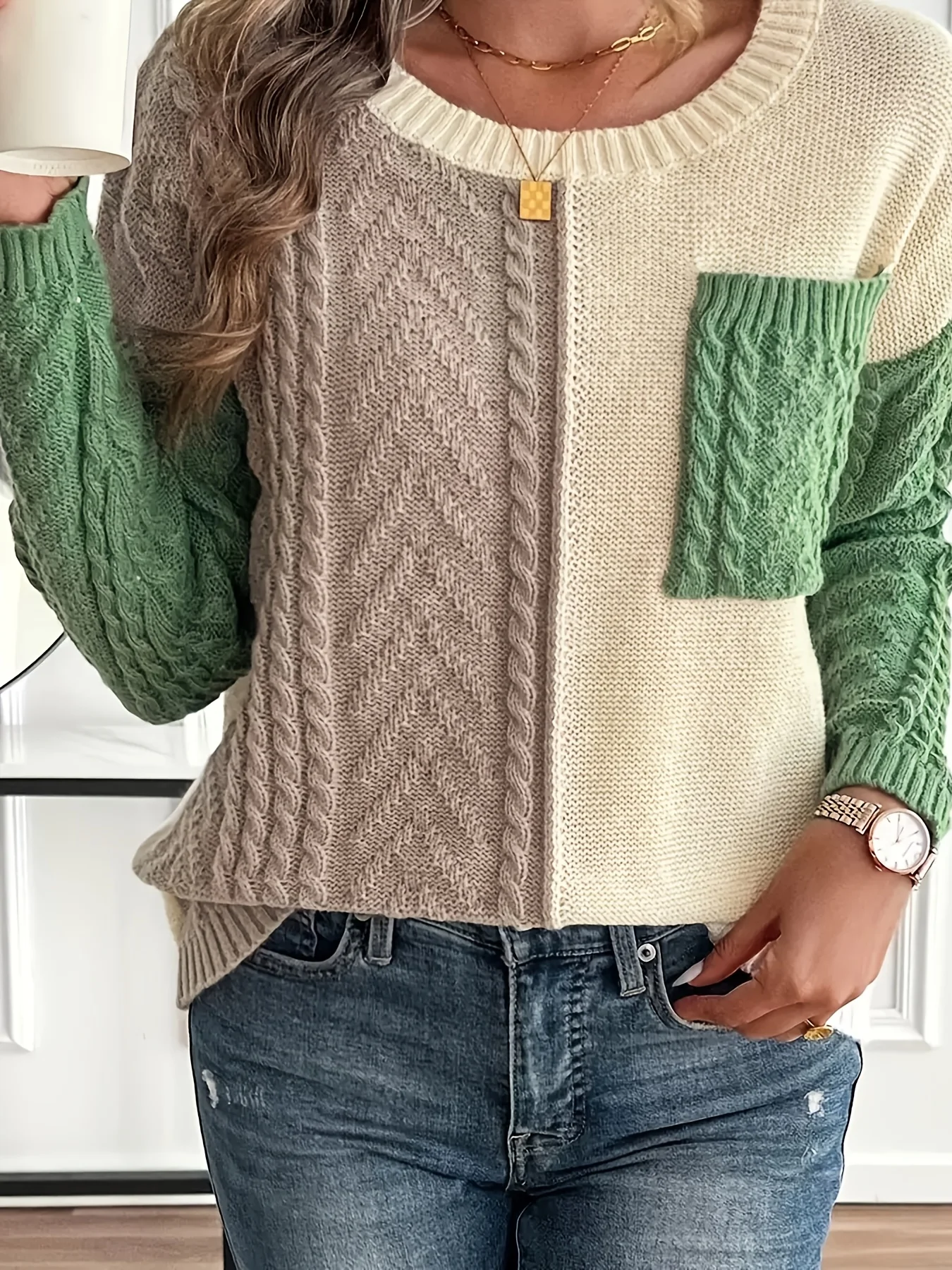 

Women's Plus Size Color-Blocked Knitted Pullover, Fashionable and Elegant Round Neck Twist Pullover