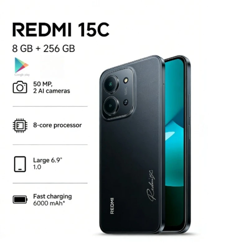Redmi 15C Global Edition smartphone, 6000mAh high-capacity battery, smart AI camera, 8GB+256GB, 2026’s latest model