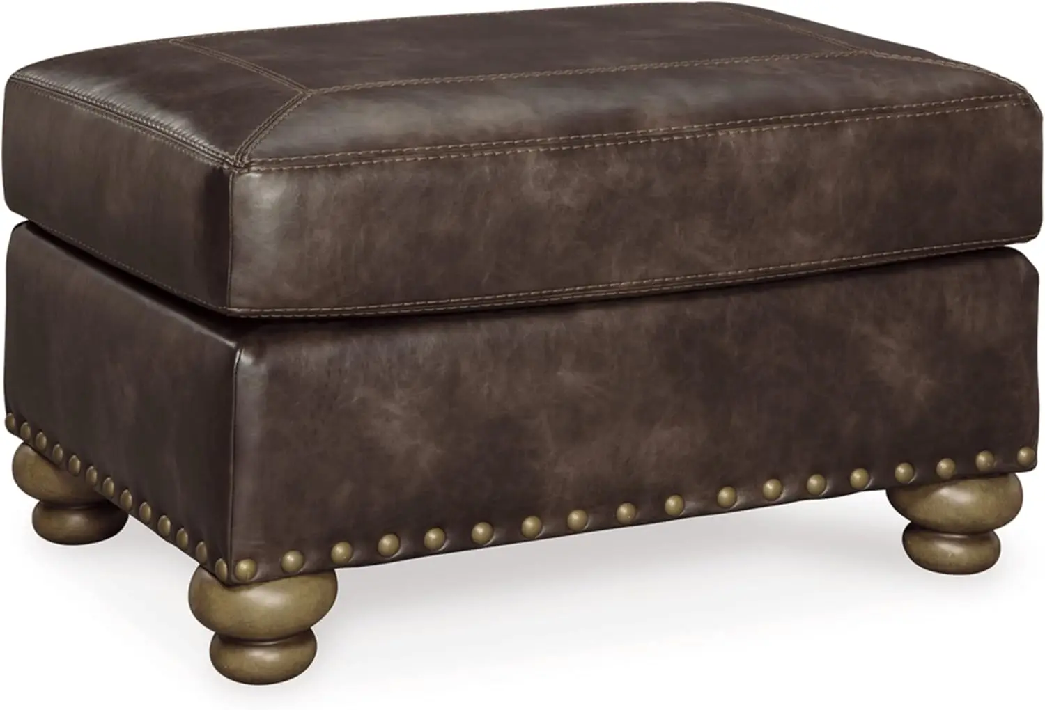 Signature Design Traditional Faux Leather Ottoman with Gold Nailhead Trim, Brown Small