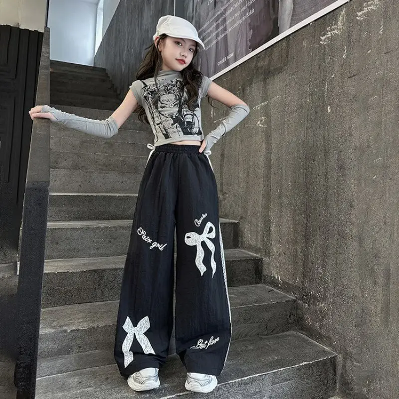 Girls Print Bow Pants Big Children Spring Fashion Lace Tousers Kids Loose Casual Pants Autumn Teenager Wide Leg Tousers 5-14Y