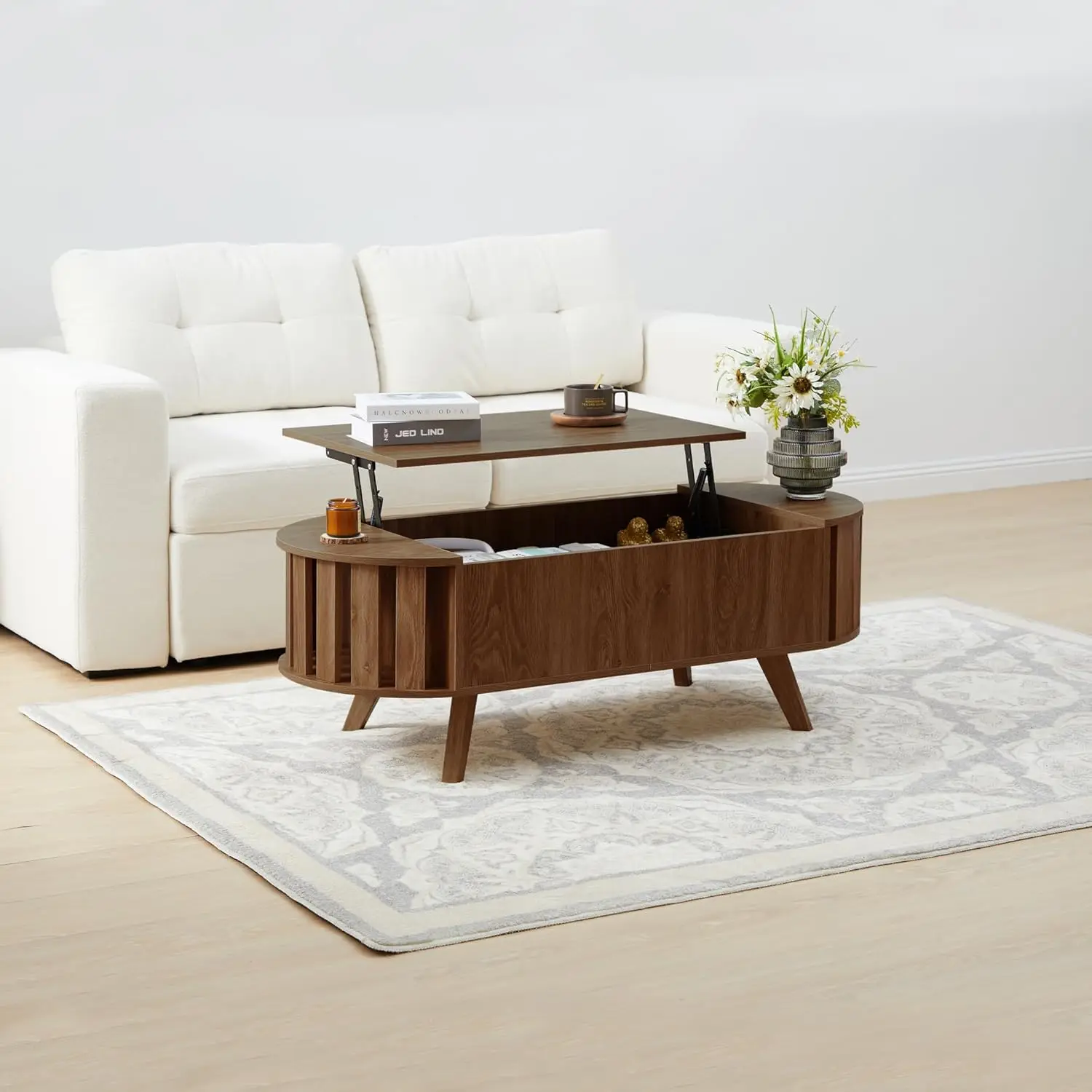 47.3" Lift Top Coffee Table with Hidden Storage, Small End Table with Curved Edge Design, Oval Center Table with Lift Tabletop
