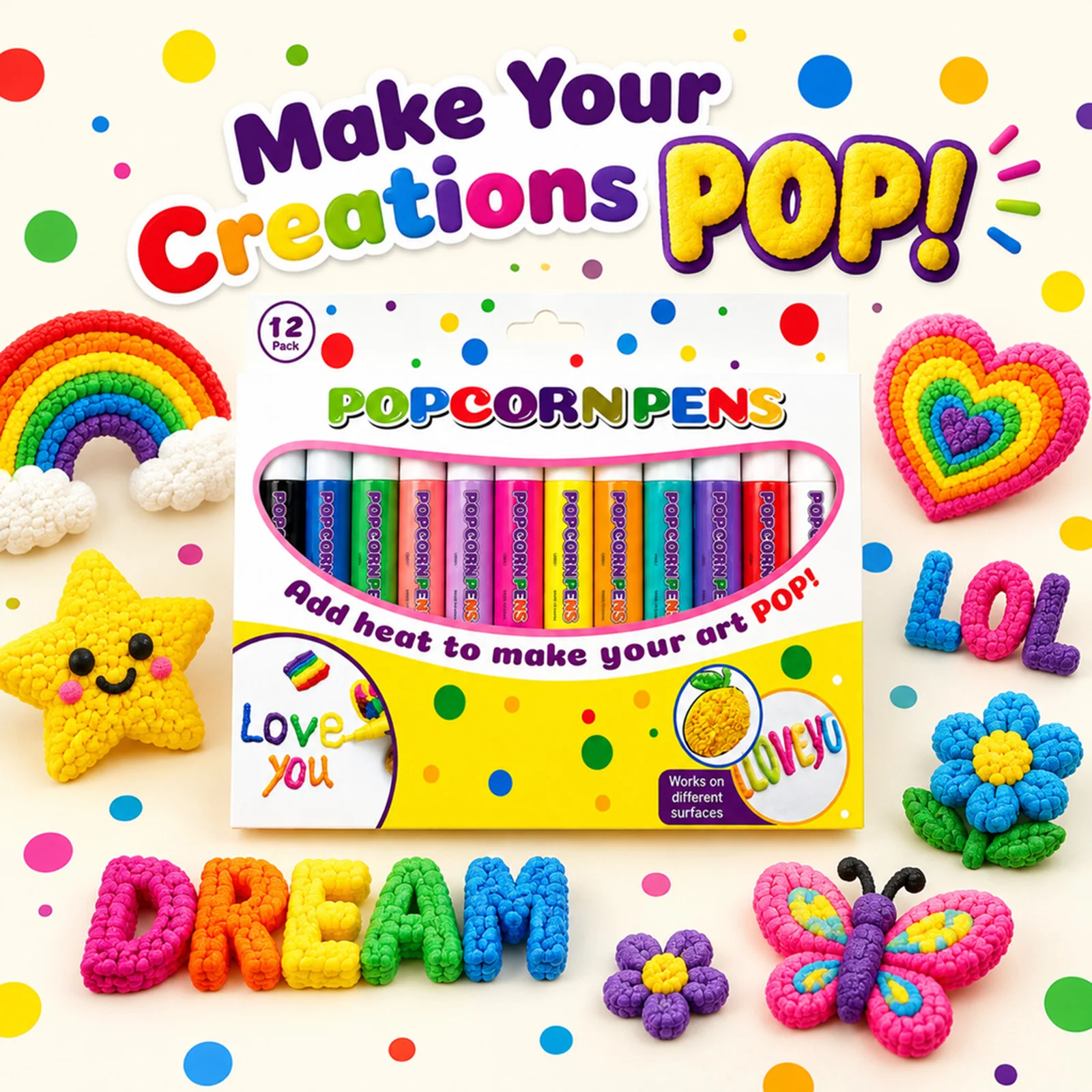12 Colors Popcorn Pens Puffy Paint Pens 3D Art Markers Heat Activated Raised Texture for Paper DIY Craft Card Scrapbook Pens