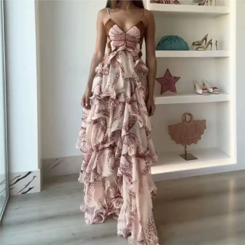 

Sexy Butterfly Print Ruffle Pleated Dresses Summer Fashion V Neck Spaghetti Strap Lace-up Sleeveless Backless Party Long Dress