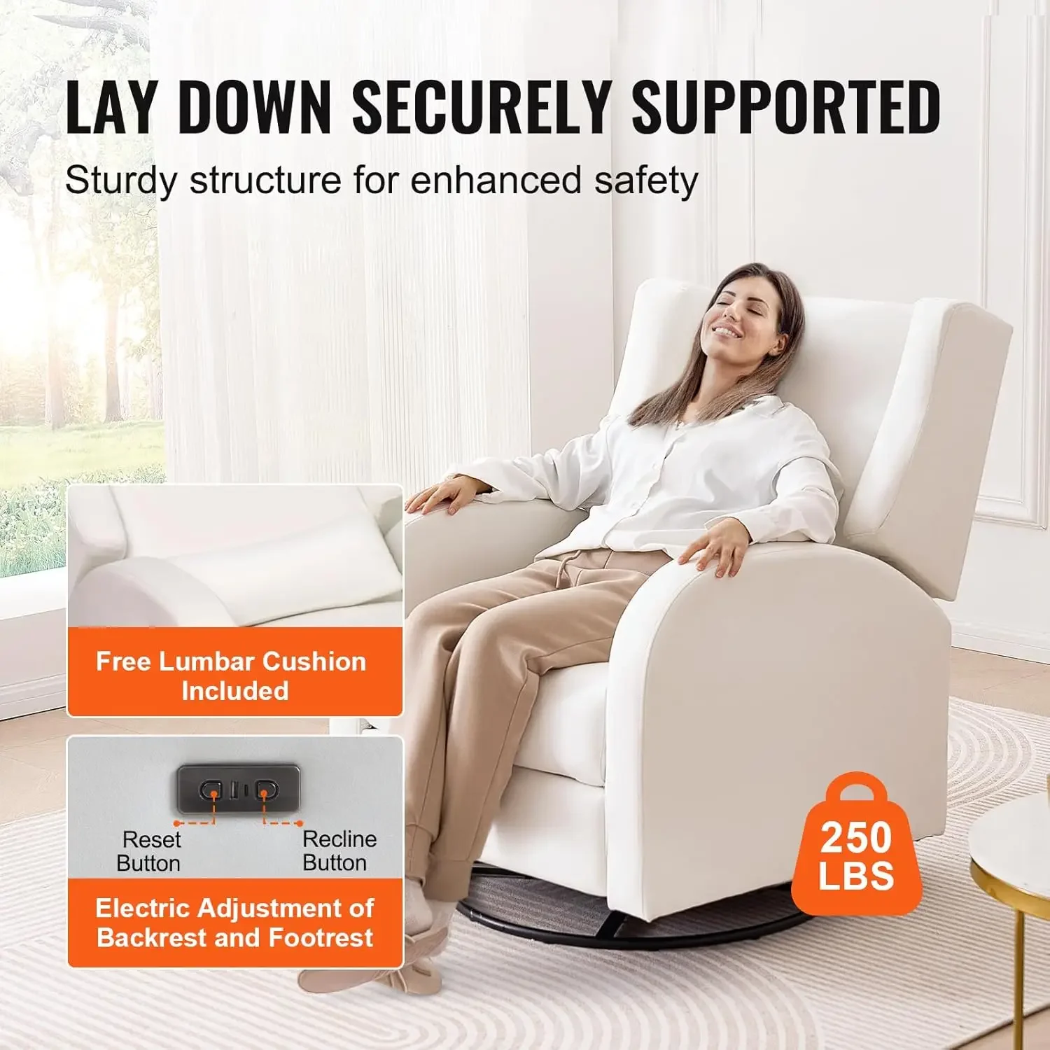 Electronic Power Recliner and Swivel Glider, 250 lbs Weight Capacity Swivel Glider Recliner Chair with USB Port, Off White