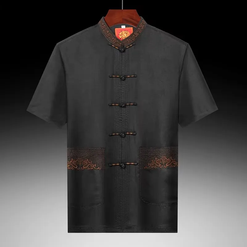 

Mulberry Silk Tang Costume Premium Shirts For Men Short Sleeved Summer Quality Coolness Lightweight Embroidery Camisas De Hombre