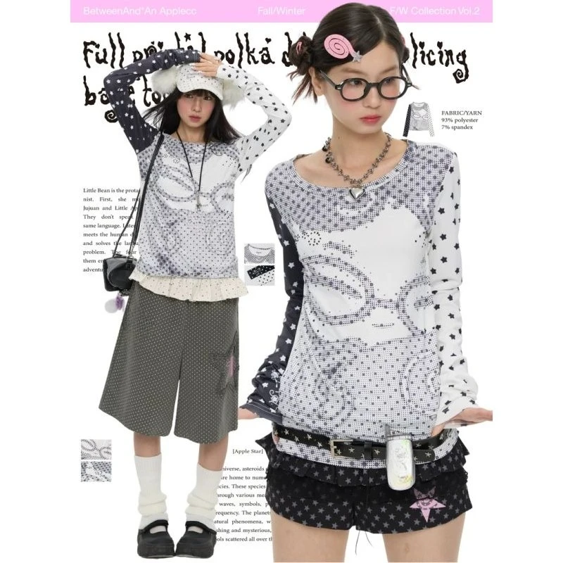 

Y2K японская винтажная футболка с длинным рукавом, женская уличная одежда в стиле Харадзюку, повседневные топы в стиле каваи, футболки в стиле ретро, осень 2021, одежда