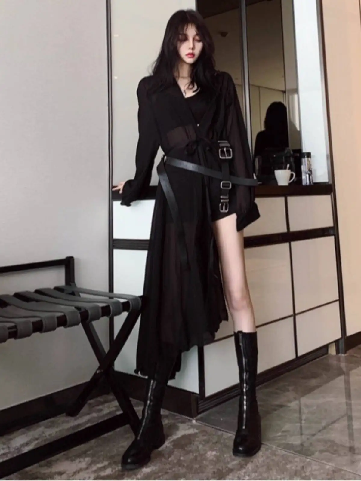 

Summer Sexy Fairy Like Shirt Dress Women's Dark Irregular V Neck Designer Chiffon Blouse Slim Fitting Mid Length