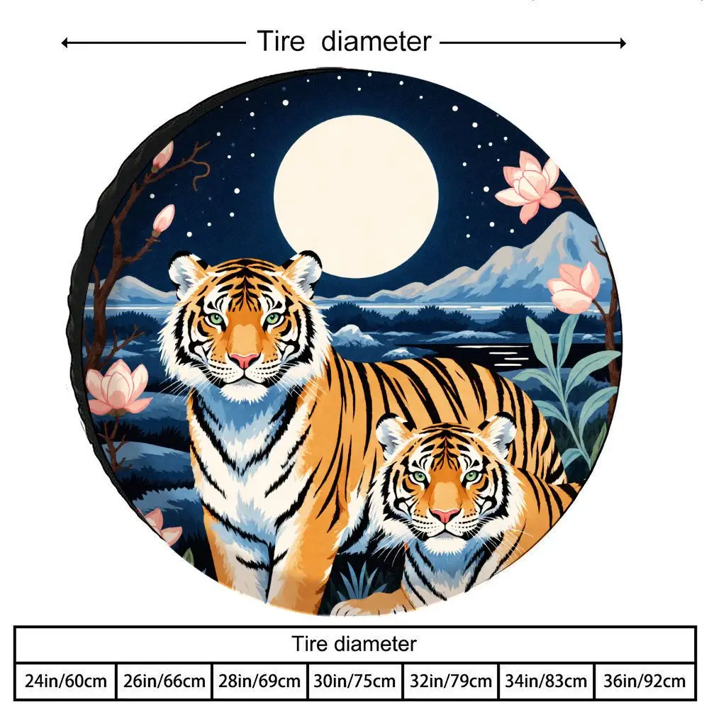 Tire Cover With A Moonlit Double Tiger Print, Made Of Polyester Fiber, Suitable For Car Spare Tires, Outdoor Camping Decorative