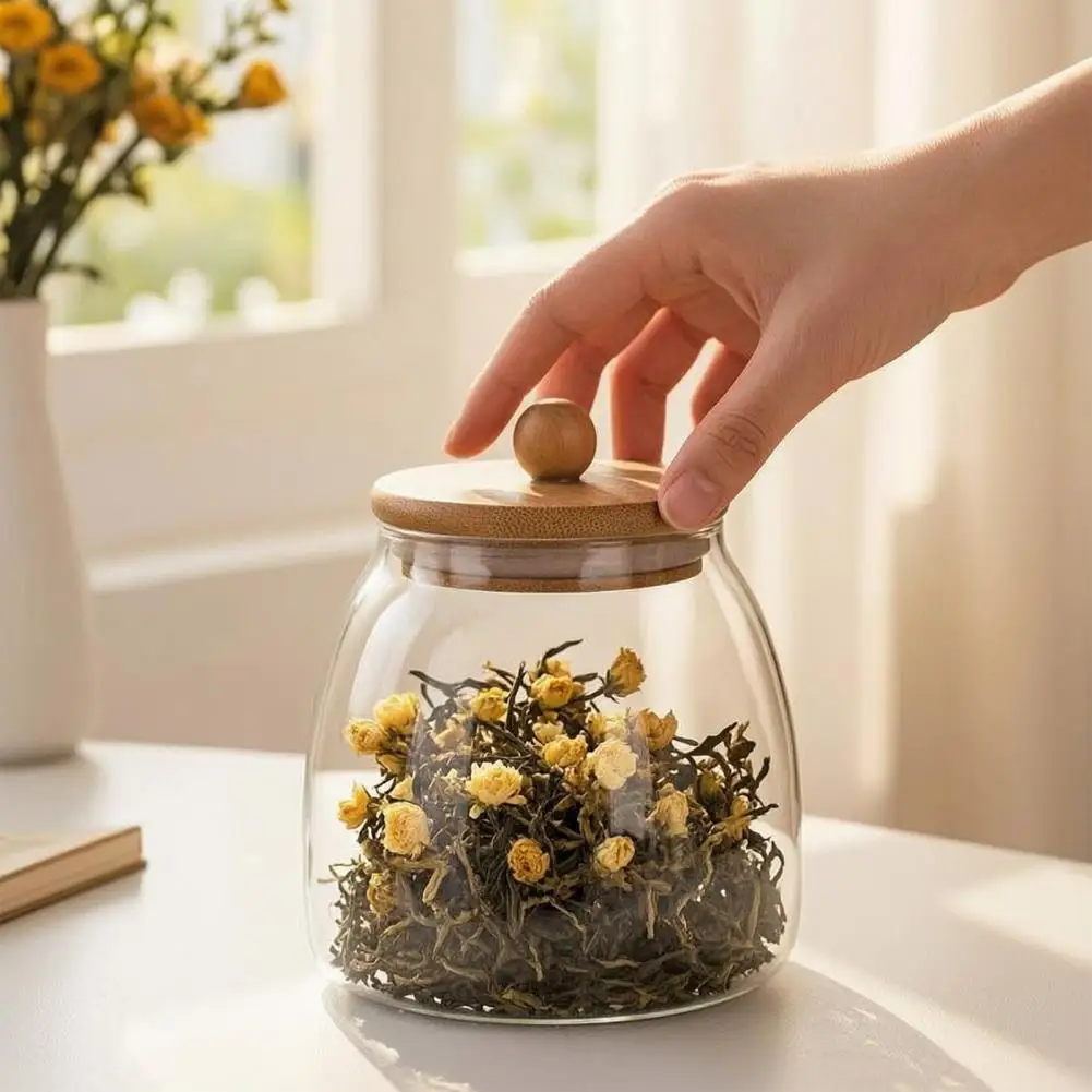 Seasoning Storage Jar with Bamboo Lid Silicone Seal Glass Container Clear Glass for Tea Spices Dry Goods Kitchen