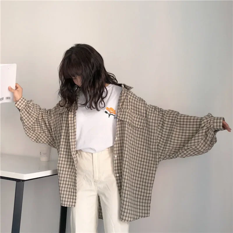 Long Sleeve Shirts Women Tops Thin Simple Casual Plaid Loose Korean Style Daily All-match Harajuku Student Womens Clothing Trend