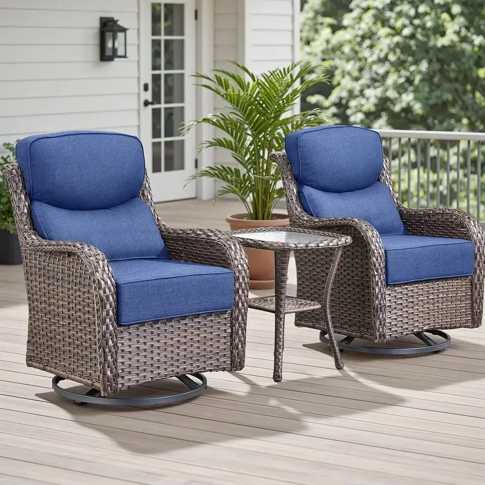 Weather-Resistant Wicker 3-Piece Patio Bistro Set with High Back Swivel Chairs and Side Table, Brown/Blue
