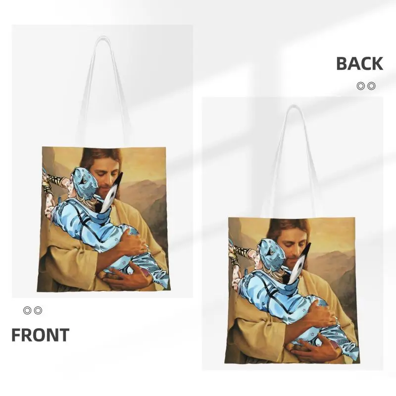 Reusable JOJO's Unique Adventures Of Polnareff Jesus Shopping Bag Women Shoulder Canvas Tote Bag Washable Groceries Shopper Bags