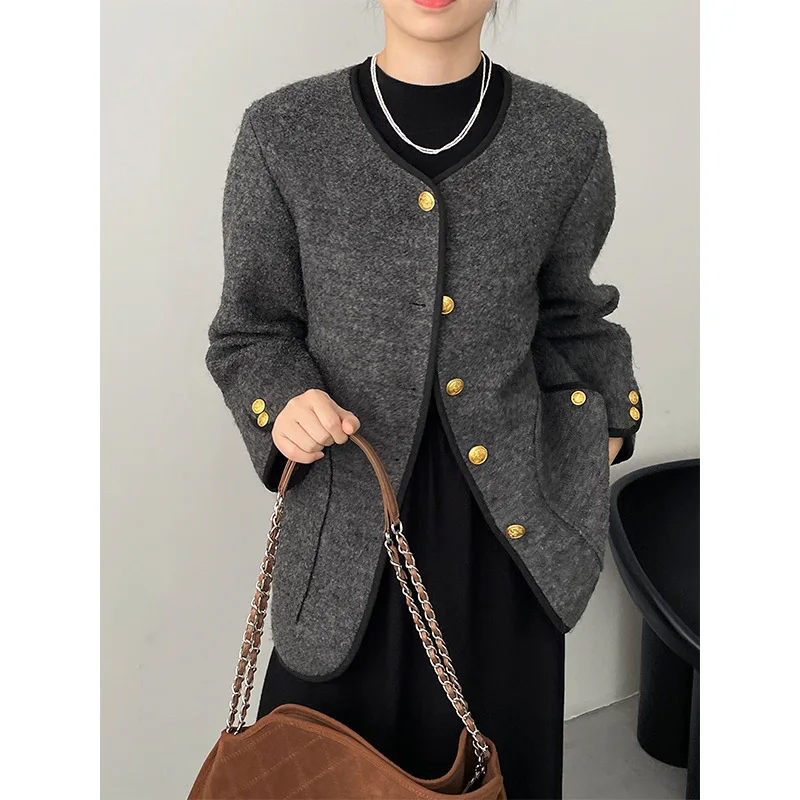 

Loose Elegant Gray Contrast Wool Blended Coat for Women's Autumn Winter Simple Casual Office French White Female Woollen Jacket