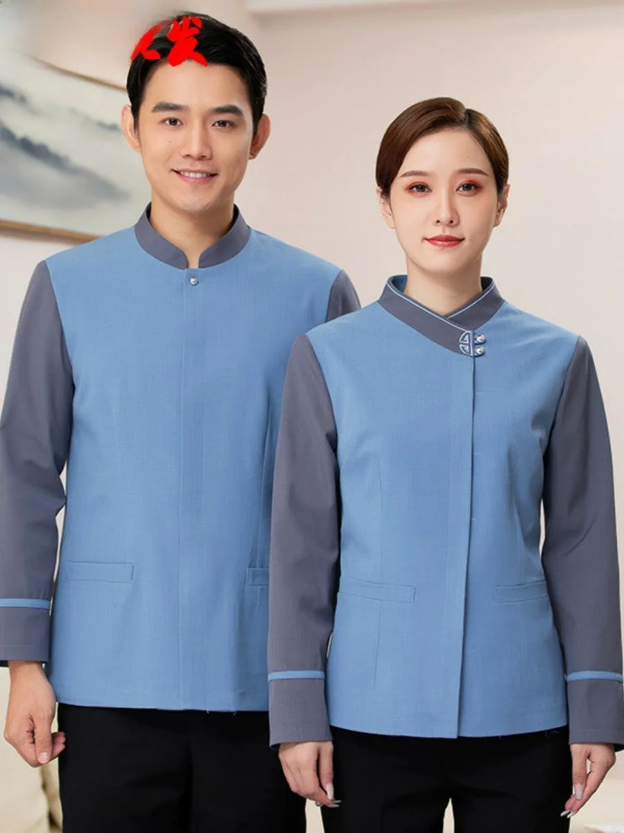 

Комплект униформы для горничных с длинным рукавом, женская рабочая одежда для отелей, из смесовой хлопковой ткани, грязеотталкивающая, легкая в уходе, осень-зима