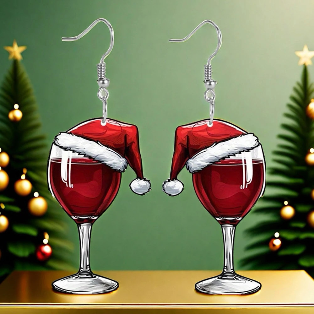 Christmas Red Wine Glass Drop Earrings Christmas Hat New Year Wine cup Acrylic Pendant Earrings Woman Friends Jewelry Gift