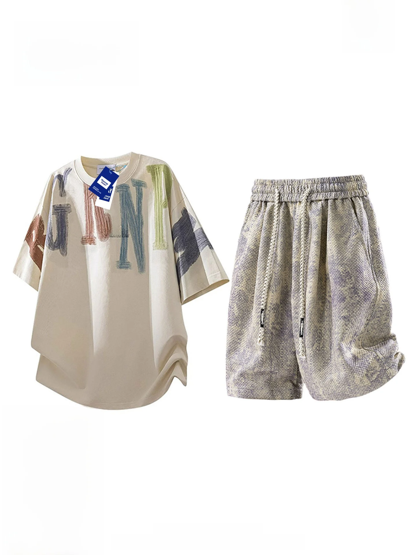 wassup-palm-men's-sportswear-set-summer-loose-fashion-letter-t-shirt-shorts-set-casual-polyester-cotton-blend-youth-wear