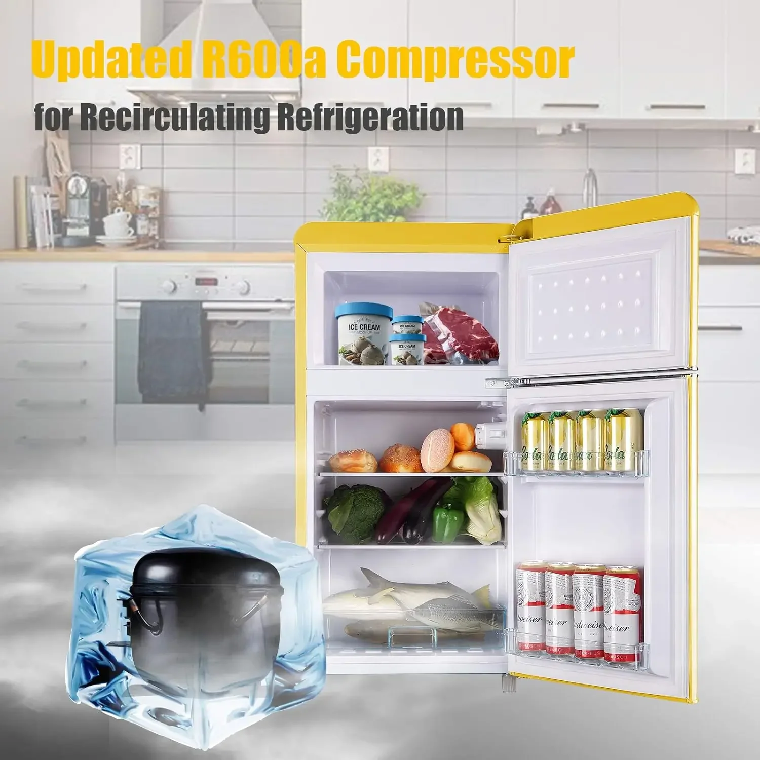 Compact Refrigerator, 3.5 Cu.Ft Retro Mini Fridge with Freezer, Dual Door Small Refrigerator with 7 TEMP Modes, LED Lights