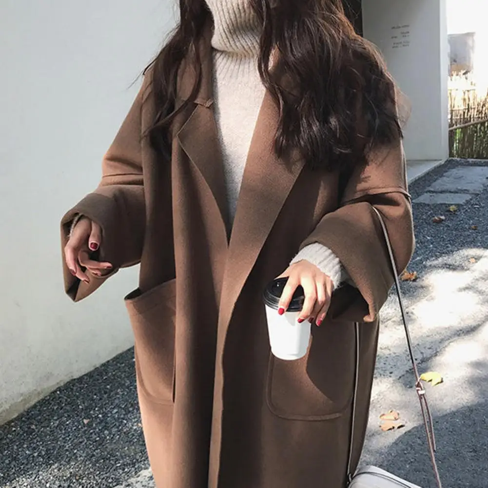 Women Winter Woolen Coat Thicken Elegant Turn-down Collar Pockets Notch Collar Women Coat Women Coat Autumn Spring Overcoat