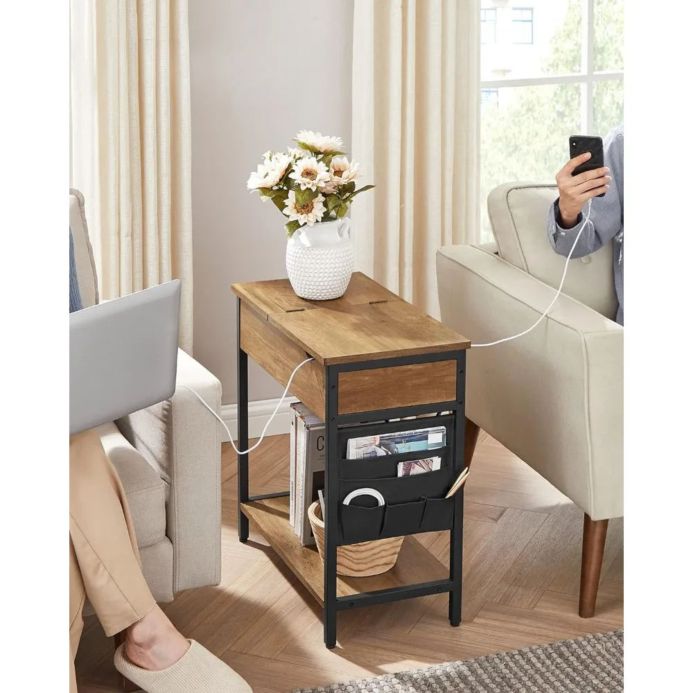 Table d'appoint avec rangement, table d'appoint avec ports et prises USB, table de chevet avec station de charge, sacs en tissu, salon