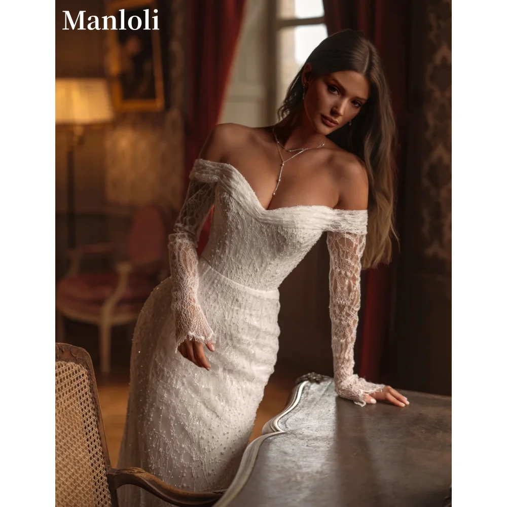 Sweet Off Shoulder Long Sleeve Mermaid Wedding Dress Sexy Lace sequin Bridal Dress Wedding Party Dress Customized