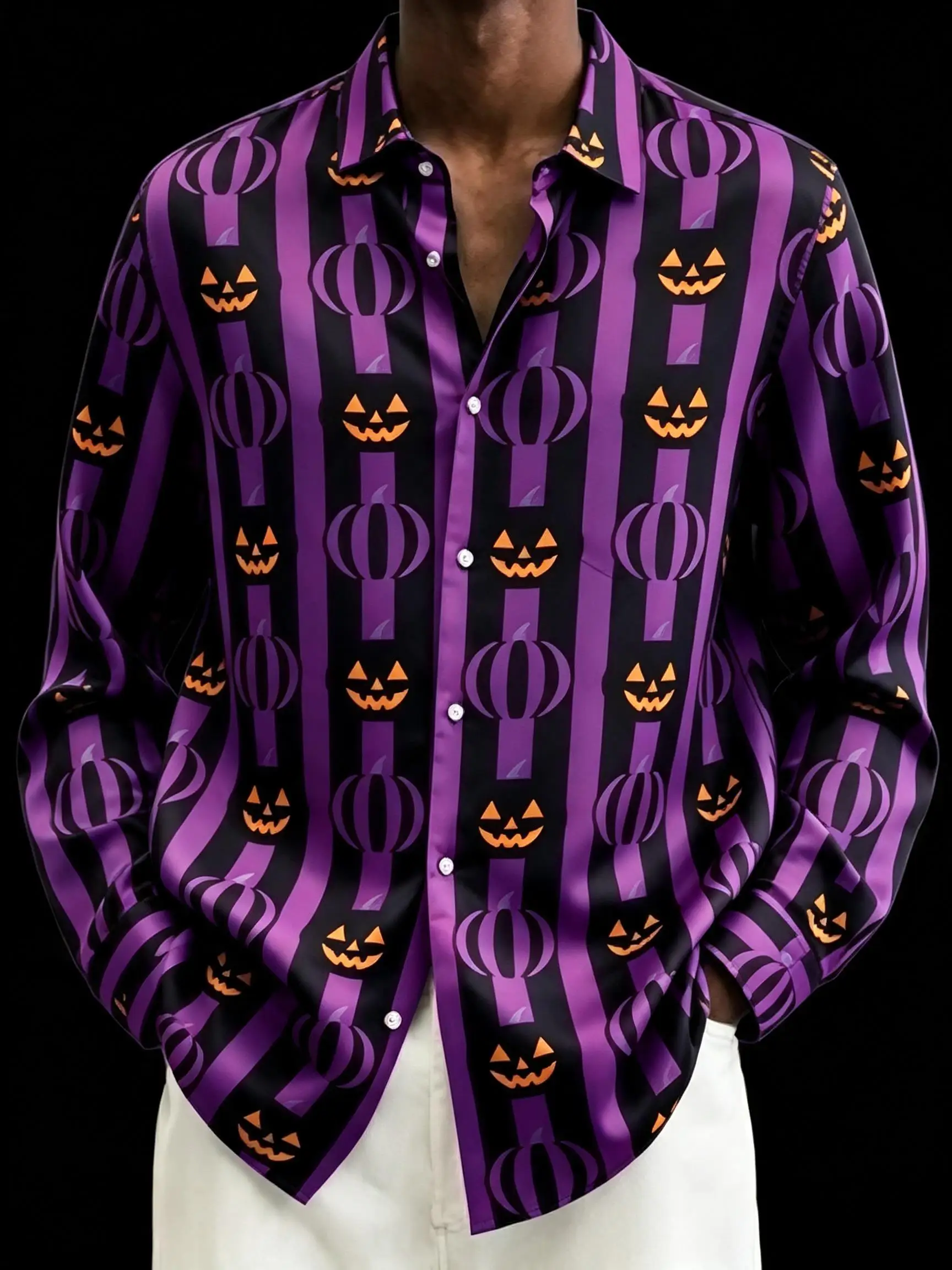 2026 Men's Shirt Vertical Stripe Pumpkin Print Long Sleeve Lapel Button Down Halloween Themed Party Casual Daily Mens Clothing