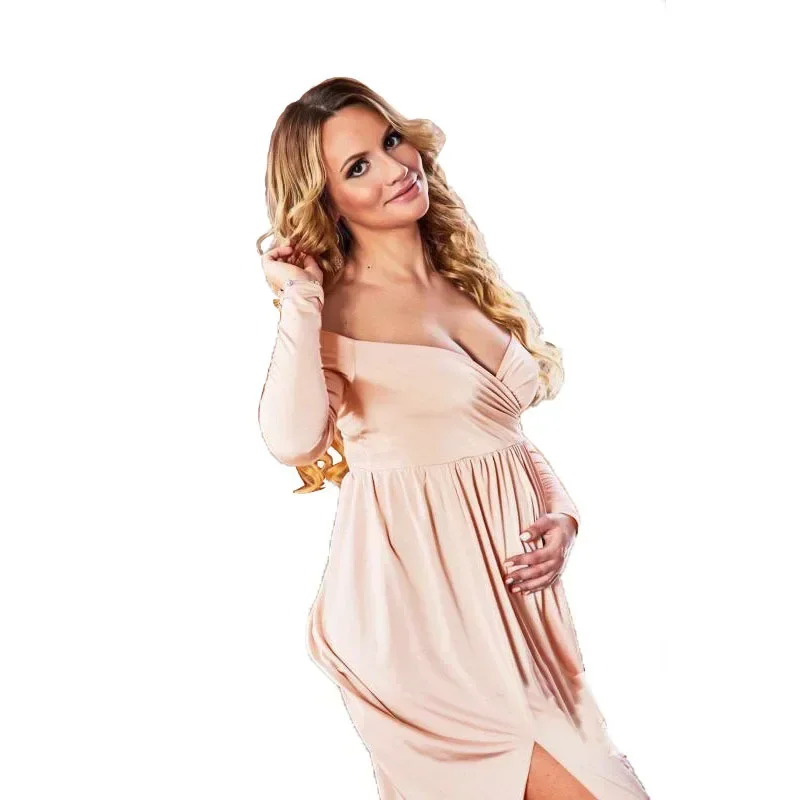 긴 어깨없는 출산 사진 소품 드레스 임신 한 여성을위한 섹시한 스플릿 프론트 임신 복장 사진 촬영 맥시 가운