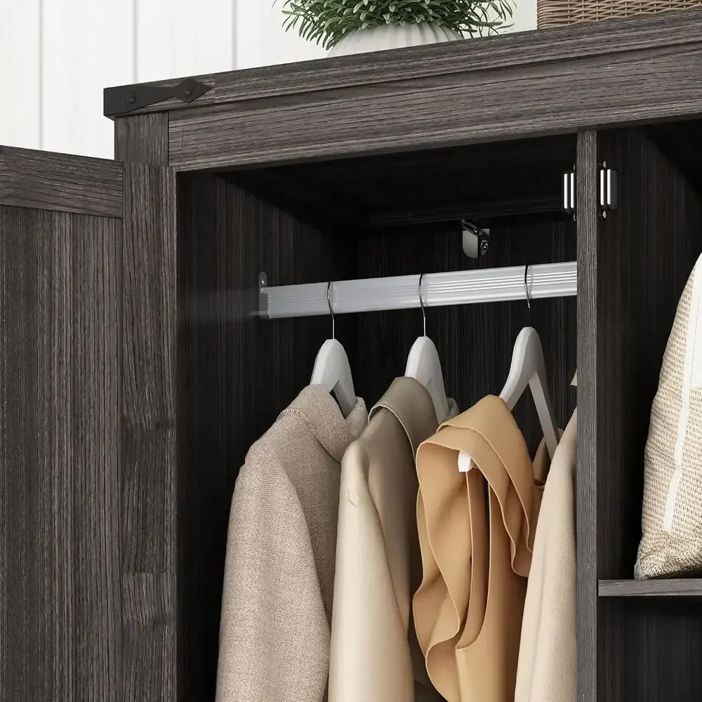 Grey Farmhouse 2 Door Wooden Wardrobe Armoire Closet with Drawers Adjus  Shelves Hanging Rod for Bedroom Storage