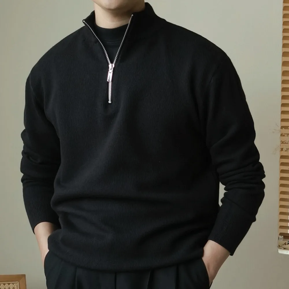 Autunno Inverno Colore caffè Cerniera Collo alto Pullover Maglione casual Uomo Collo mezzo alto Slim Fit Nero Caldo maglione lavorato a maglia maschile