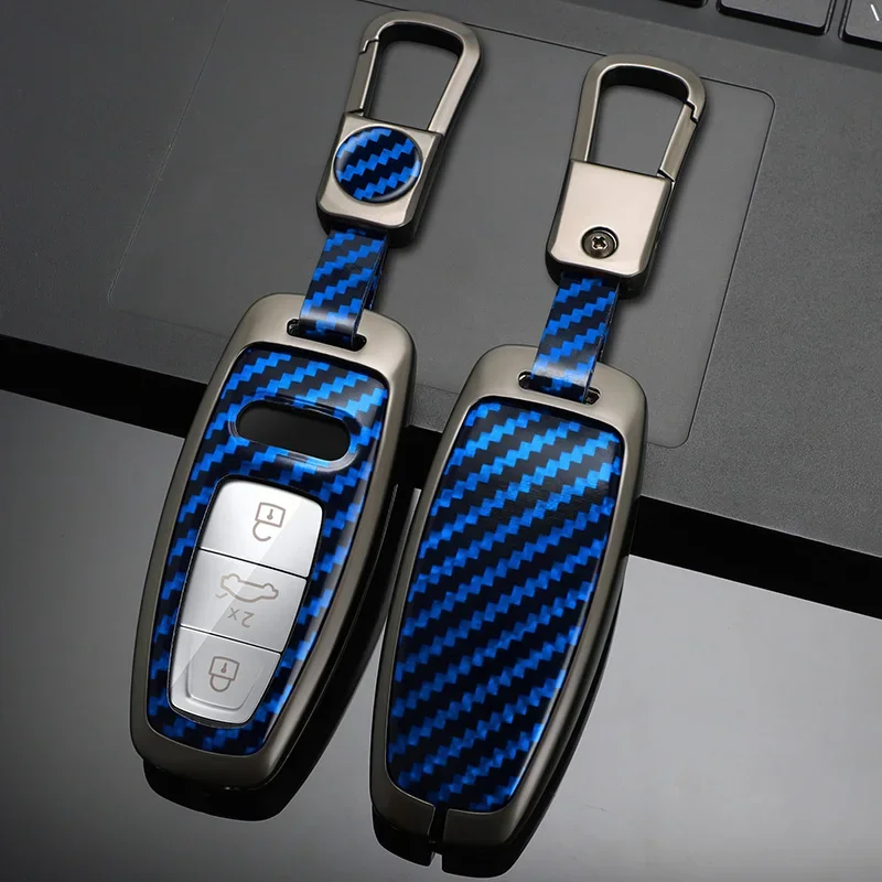 Carbon fiber Zinc Alloy Car Key Case Cover For Audi A6L A7 A8 Q8 Etron C8 D5 2019 2020  Protector Keychain Accessory