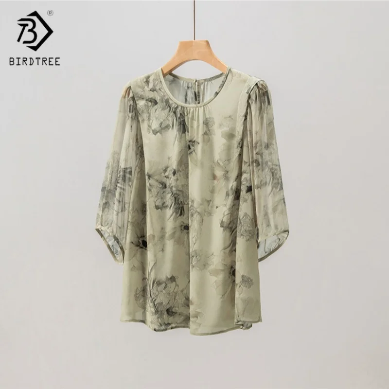 

Birdtree,100% Mulberry Silk Print Blouse,Women's Double Crepe O-neck Tops,Retro Loose Shirt,French Style,2025 New T5D634JF