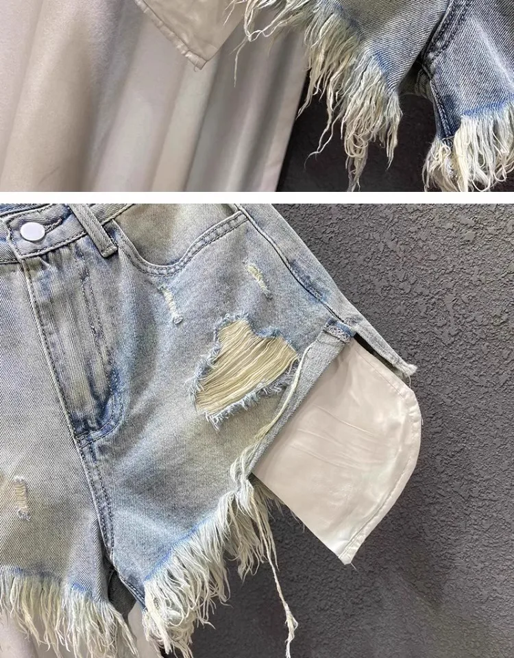 2024 New Women High-waisted Light-colored Holes Designed Denim Shorts Female A-shaped Ripped Jeans s-xl pink blue