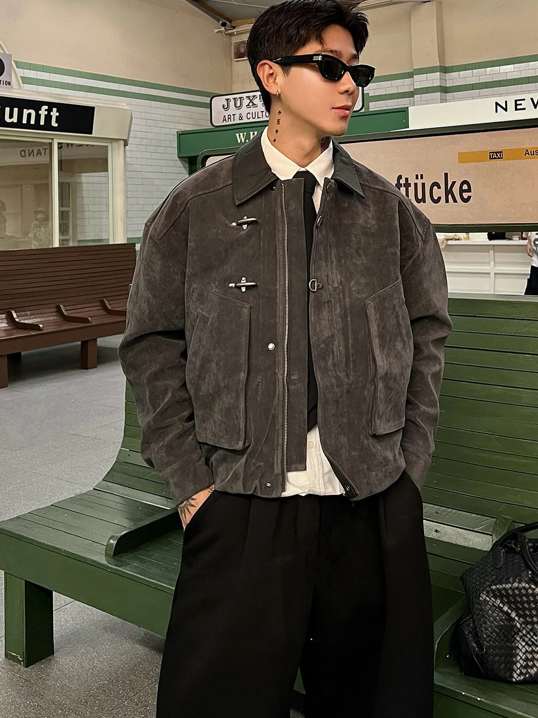 

American Sle Retro Plane Bule Jaet Men's Autumn Barn Windproof High-End Feeling Turn-down Collar Outerwear